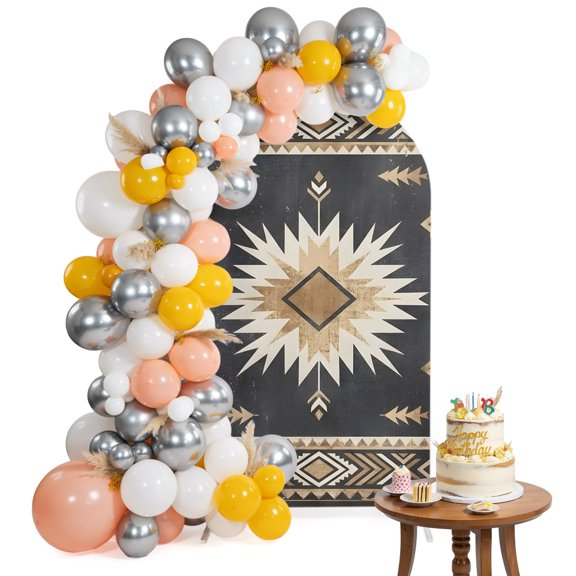Sunburst Emblem Arch Backdrop Cover 4FT Boho Arrow ElementBlack Tribal Rustic Brown Retro Spandex Fitted Arch Covers Stretchy Backdrop Decoration for Wedding Birthday Graduation Party