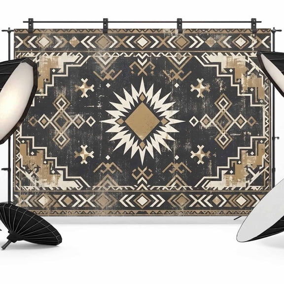 Sunburst Emblem Backdrop for Photography, Boho Black Tribal Rustic Brown Retro Geometric Photo Backdrop Portrait Background Party Banner Photo Backgrounds for Studio Booth Props, 7x5ft