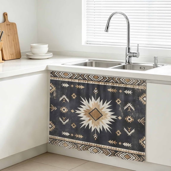 Sunburst Emblem Cabinet Curtains for Kitchen 10"W x 11"L, Boho Arrow ElementBlack Tribal Rustic Brown Retro Under Sink Skirt Magic Tape Short Curtain Decorative Privacy Panel for Bathroom Laundry