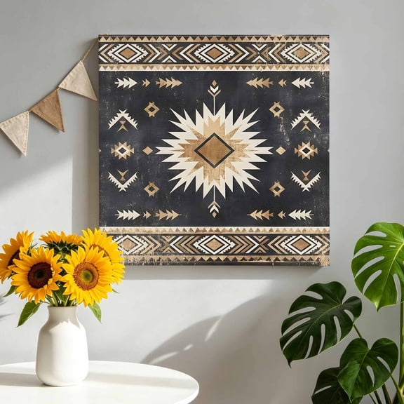 Sunburst Emblem Canvas Wall Art for Living Room, Boho Arrow ElementBlack Tribal Rustic Brown Retro Poster Print Painting for Bedroom Office Home Decoration Wall Pictures Prepare To Hang 8"x8"