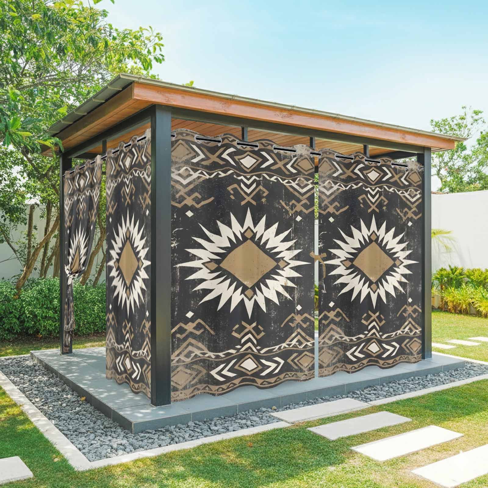 Sunburst Emblem Outdoor Curtains for Patio, Boho Black Tribal Rustic Brown Retro Geometric Sunshade Privacy Drapes Grommet Waterproof Outside Curtains for Porch/Cabana/Balcony 54"x 108", 1 Panel