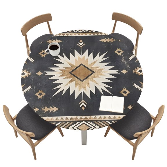 Sunburst Emblem Round Fitted Table Cover Boho Arrow ElementBlack Tribal Rustic Brown Retro Waterproof Table Cloth with Elastic Edge Wipeable Tablecloth for Picnic Camping Party Fits 45"-54" Tables