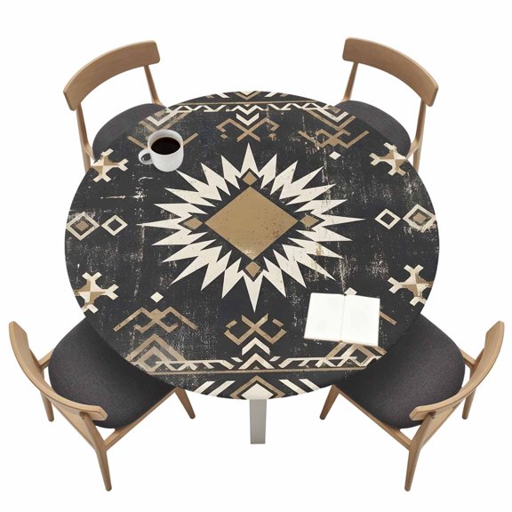 Sunburst Emblem Round Fitted Table Cover Boho Black Tribal Rustic Brown Retro Geometric Waterproof Table Cloth with Elastic Edge Wipeable Tablecloth for Picnic Camping Party Fits 45"-54" Tables