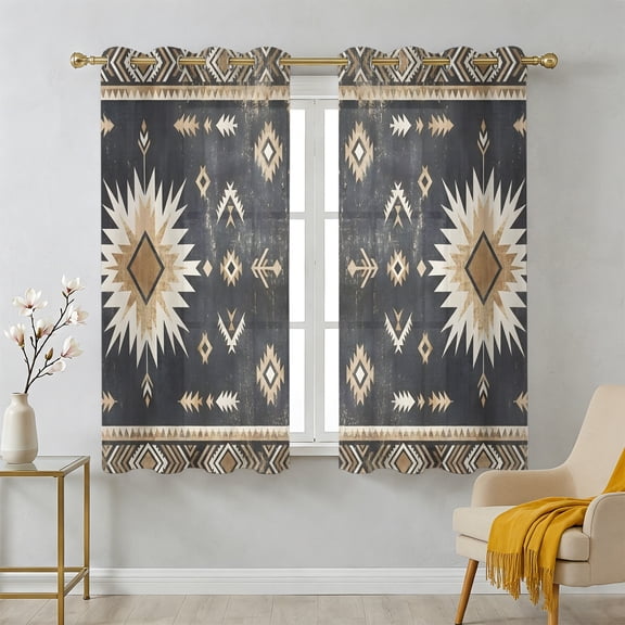 Sunburst Emblem Sheer Curtains 39 Inch Long 2 Panels, Boho Arrow ElementBlack Tribal Rustic Brown Retro Light Filtering Semi Sheer Drapes Grommet Voile Window Curtain for Living Bedroom W27.9 x L39