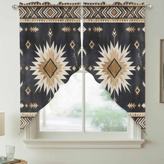 Sunburst Emblem Swag Kitchen Curtain Valances, Boho Arrow ElementBlack Tribal Rustic Brown Retro Rod Pocket Curtains Window Treatment Decor Valances for Bedroom Bathroom, 2 Panels 28 x 36 Inch