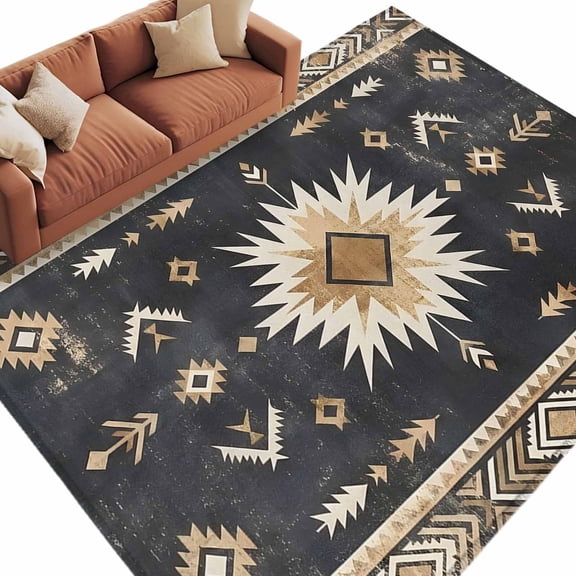 Sunburst Emblem Washable Living Room Rugs 9'x12', Boho Arrow ElementBlack Tribal Rustic Brown Retro Low Pile Throw Large Area Rug Non-Slip Sturdy Edge Binding Carpet for Bedroom Dining Room Office