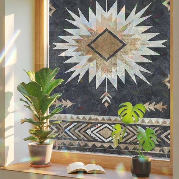 Sunburst Emblem Window Privacy Film, Boho Arrow ElementBlack Tribal Rustic Brown Retro Stained Glass Rainbow Film Decorative Window Clings, Static Cling Sun Blocking Stickers 19.6" x 39.3"