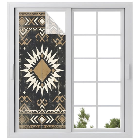 Sunburst Emblem Window Privacy Film, Boho Black Tribal Rustic Brown Retro Geometric Frosted Glass Window Clings Static Cling UV Heat Blocking Reusable Door Sticker for Bathroom 23.6 x 59 Inch