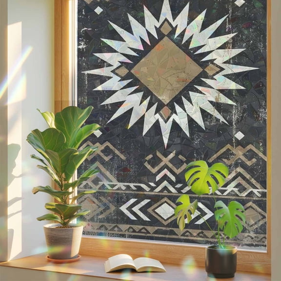 Sunburst Emblem Window Privacy Film, Boho Black Tribal Rustic Brown Retro Geometric Stained Glass Rainbow Film Decorative Window Clings, Static Cling Sun Blocking Stickers 17.7" x 39.3"