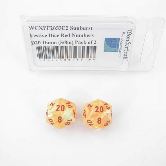 Sunburst Festive Dice with Red Numbers D20 Aprox 16mm (5/8in) Pack of 2 Wondertrail
