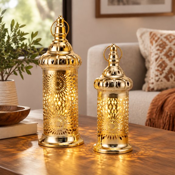 Sunburst Lantern Set of 2 Metal Decorative Candle Holders for Indoor Outdoor Eid Ramadan Decor