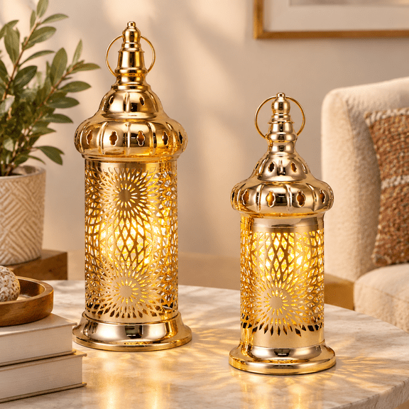 Sunburst Lantern Set of 2 Metal Decorative Candle Holders for Indoor Outdoor Eid and Ramadan Decor