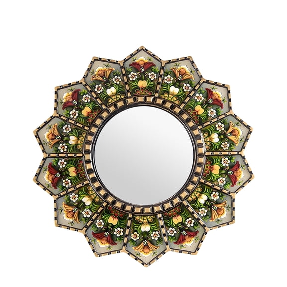 Sunburst Mirror 11.8inch Rural Wood Wall Decoration Home Décor Decorative Hanging Wall Art for Living Room Bedroom Entryway (Flower+Sunburst)