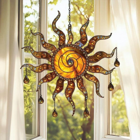 Sunburst Mosaic Acrylic Window Hanging  Faux Stained Glass Suncatcher with Sparkling Jewels & Swirling Sun Rays, Gift for Home Decor