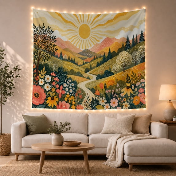 Sunburst Mountains With Path and Wildflowers, Cheerful Cottagecore Style for Nature Lovers, Meadow Wall Art, Housewarming Gift, Tapestry Wall Hanging for Bedroom and Living Room