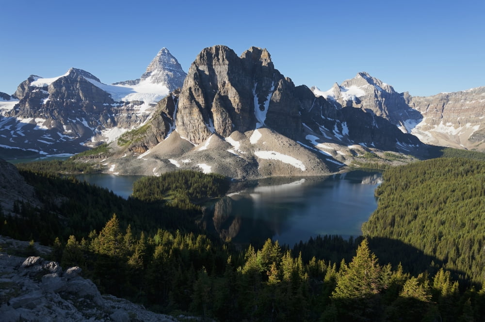 Sunburst Peak with Sunburst Lake (left) and Cerulean Lake (right) and Mount Assiniboine Mount Assiniboine Provincial Park British Columbia Canada Canvas Art - Carl Bruemmer Design Pics (18 x 12)