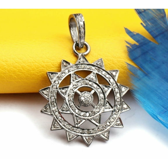 Sunburst Pendant Pave Diamond 925 Silver Vintage Style Diamond Pendant Charm.