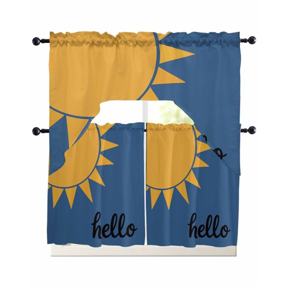 Sunburst Rays Kitchen Curtains Sets 24 Inch Length with Valance, Hello Sun Modern Minimalist Yellow Blue Swag Valances and Tiers Curtain Set Drapes Swag Curtains for Living Room, Bathroom, Cafe