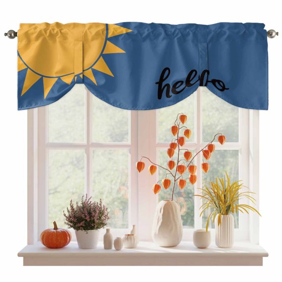 Sunburst Rays Tie Up Valance Curtains for Windows, Kitchen Curtains Window Treatments, Hello Sun Modern Minimalist Yellow Blue Short Window Shades Valances for Bedroom Bathroom Cafe 42"x12"