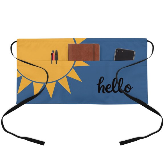 Sunburst Rays Waitress Apron with 3 Pockets, Hello Sun Modern Minimalist Yellow Blue Server Aprons Waterproof Kitchen Restaurant Half Waist Apron for Men Women