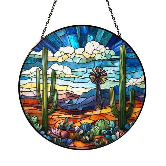 Sunburst Sky Over Desert Cactus Scene Stained Glass Style Window Suncatcher Decor, Bold Southwestern Home Gift