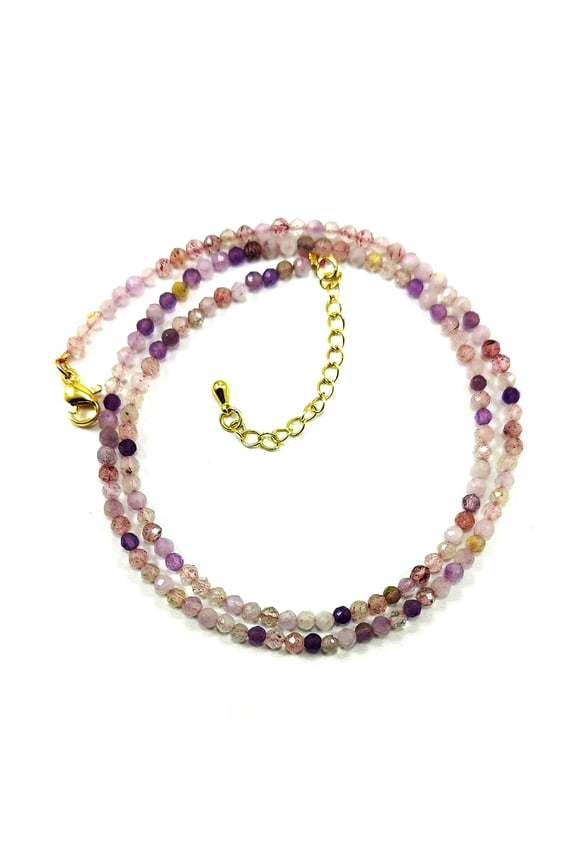 Sunburst Super Seven Gemstone 18K Gold Plated Necklace, Handmade, Adjustable, for Women, Christmas Gift, Round Micro Faceted Beads