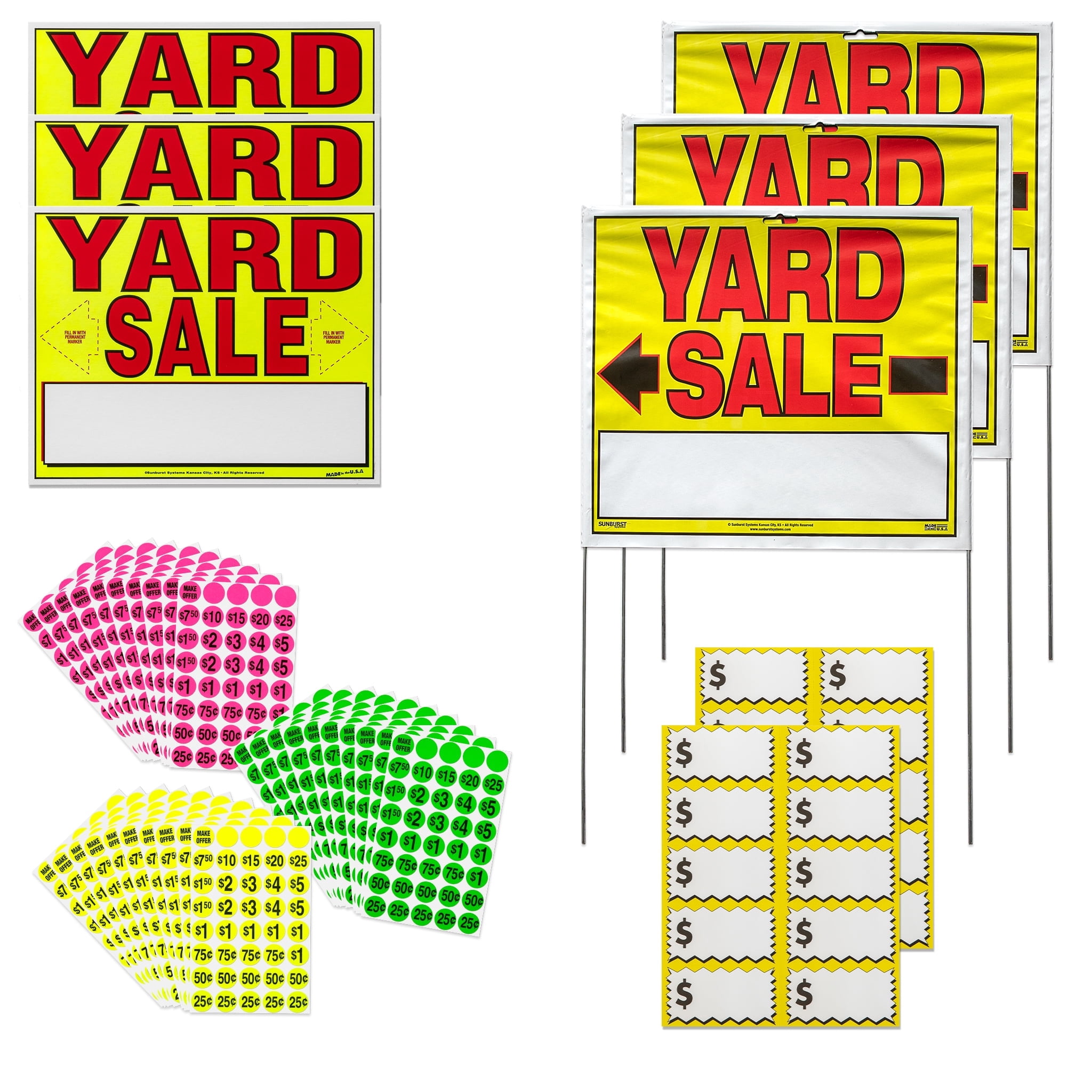 Sunburst Systems 3037 Yard Sale Kit & Yard Sale Price Stickers, Double Sided 14" x 22" Yard Sale Signs with Stakes