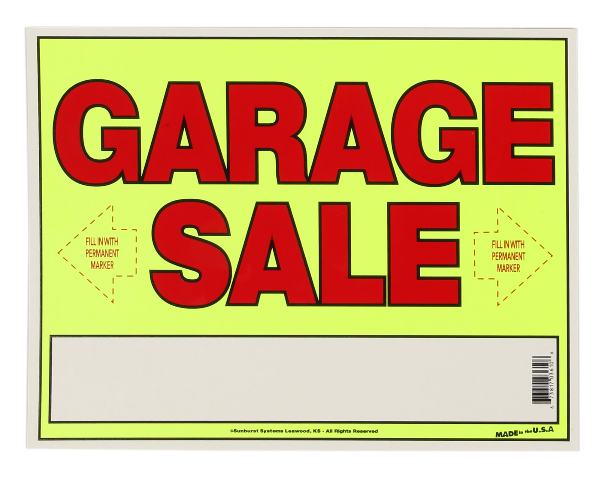 Sunburst Systems 3610 Yellow Laminated Cardboard Garage Sale Sign W