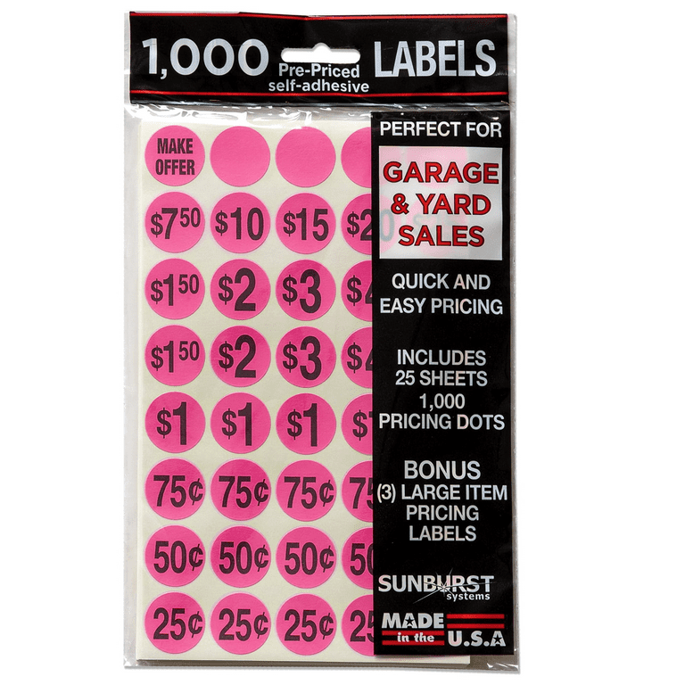 Sunburst Systems 7035 Price Labels Stickers Pre-Printed for Garage, Yard or Estate Sales -1000 Count, Pink - Walmart.com for Free Printable Yard Sale Price Stickers