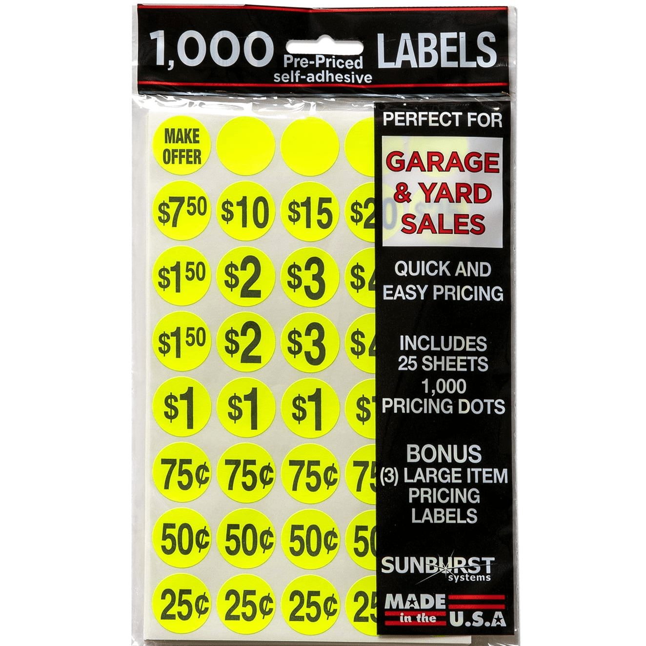 Sunburst Systems 7036 1000 Count Pre-Priced Yellow Garage Sale and 