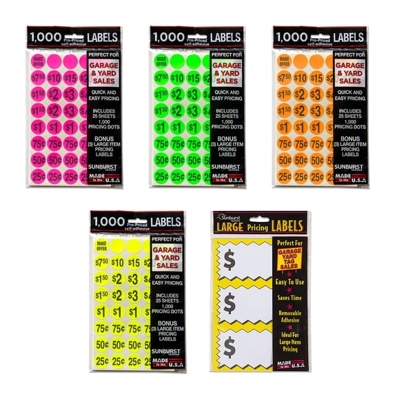 Sunburst Systems 7040 Assorted Color Garage Sale Labels and Yard Sale Stickers with Prices and Large Pricing Labels
