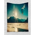 thumbnail image 1 of Sunburst Tapestry, Alaskan Winter Landscape with a Hot Air Balloon and Rising Sun, Wall Hanging for Bedroom Living Room Dorm Decor, 60W X 80L Inches, Dark Teal and Pastel Brown, by Ambesonne, 1 of 2