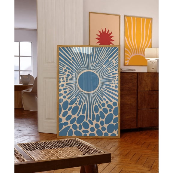 Sunburst Wall Art Blue Abstract Minimalist Modern Sun Decor Unframed Paper Print
