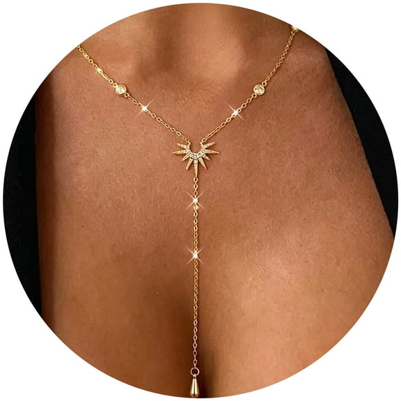 Sunburst YDrop Necklace,Starburst Lariat Necklace with Sparkling Rhinestone Inlay Adjustable Chain Neck Jewelry for Women Chrismas Mothers Day Gifts