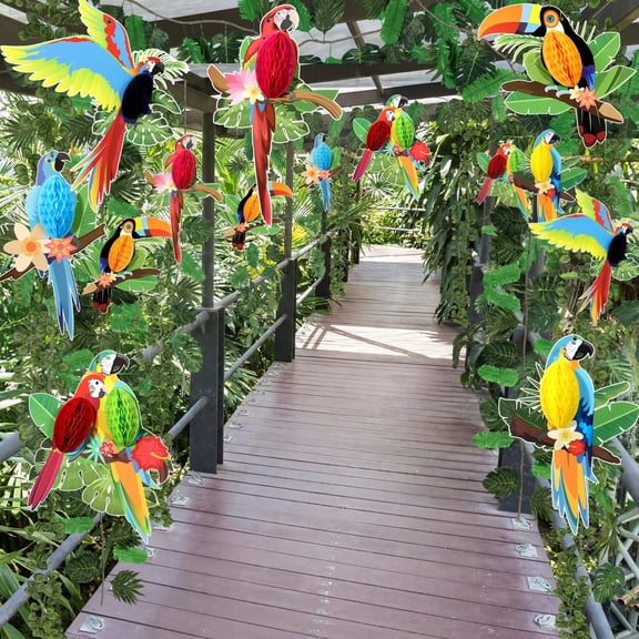 Suncalla 18 Pcs Jungle Theme Party Decorations Rainforest Birds Honeycomb Paper Cutouts Artificial Ivy Fake Vines Palm Leaves for Safari Indoor Outdoor Jungle Birthday Party Classroom Decor A101