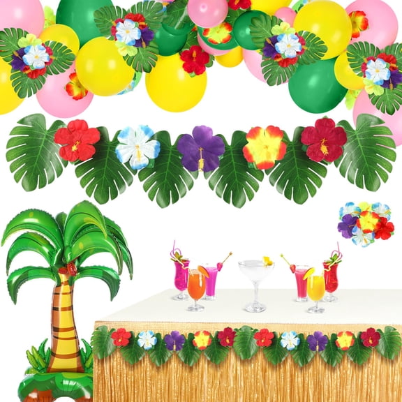 Suncalla 68 Pcs Luau Hawaiian Party KKS1Decorations Tropical Party Supplies Summer Beach Pool Decorative Including Balloons Arch, Inflatable Palm Tree, Table Skirt, Monstera and Hibiscus