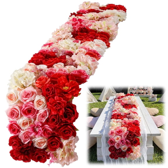 Suncalla 9.8 x 66.9 Inch Artificial Flowers Valentine's Day Table Runner Valentines Party Decoration Pink Hydrangeas Red Roses and Felt Base for Wedding Anniversary Romantic Dinner Home Decor Y101