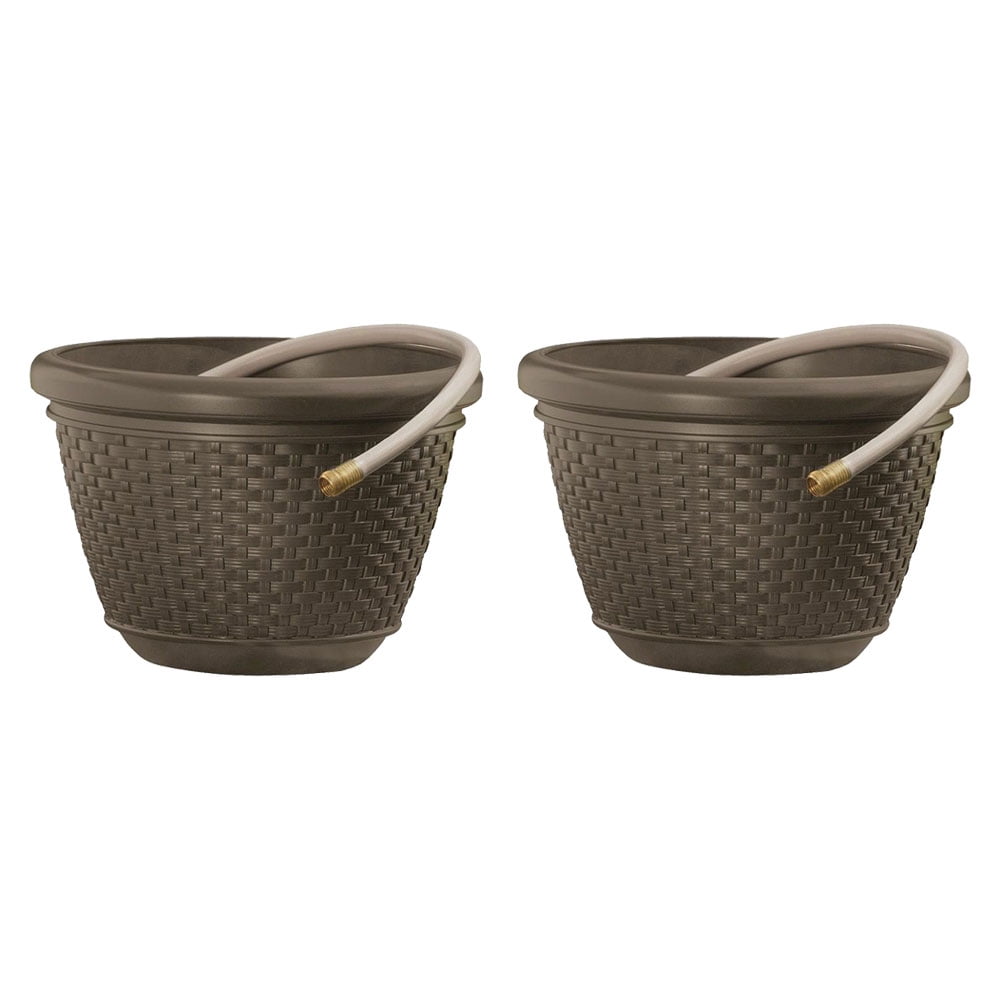 Dark Brown Resin Wicker Garden Hose Storage Pot Set