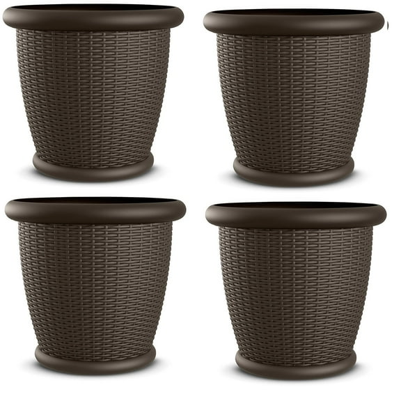 Suncast Willow 22" Resin Wicker Decorative Pot Planters, Set of 4, Java