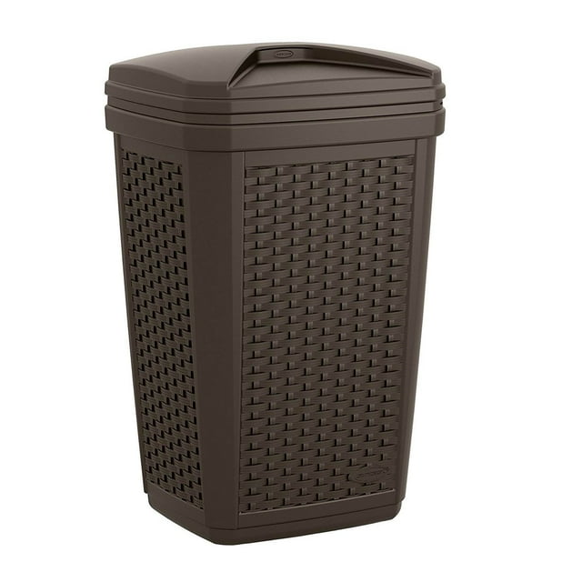 Suncast 30 Gallon Resin Wicker Decorative Outdoor Patio Trash Hideaway, Java