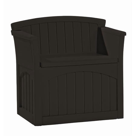Suncast 31 Gallon Outdoor Backyard Garden Patio Seat Storage and Bench Chair with Arm Rest, Java