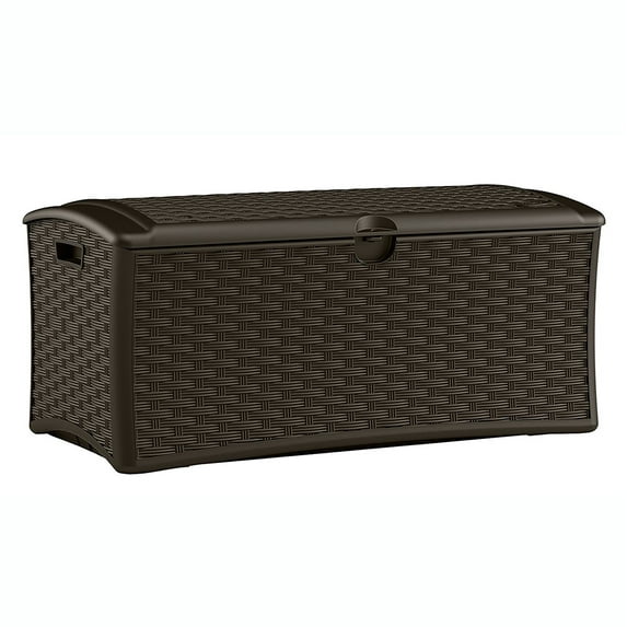 Suncast 72 Gallon Capacity Resin Wicker Outdoor Patio Storage Deck Box, Brown