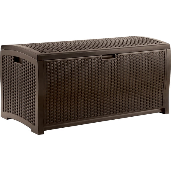 Suncast 99 Gallon Deck Garden Garage Home Wicker Resin Pool Box, Mocha 3 Pack