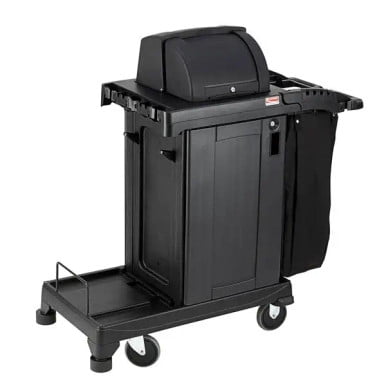 Suncast Black High Security Janitor/Housekeeping Cart - Lockable Hood, Bag & Non-Marring Bumpers | Secure & Organized Cleaning Solution