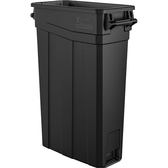 Suncast Commercial Narrow Rectangular Resin Trash Can, With Handles, 23 Gallons, 30"H x 11"W x 22"D, Black