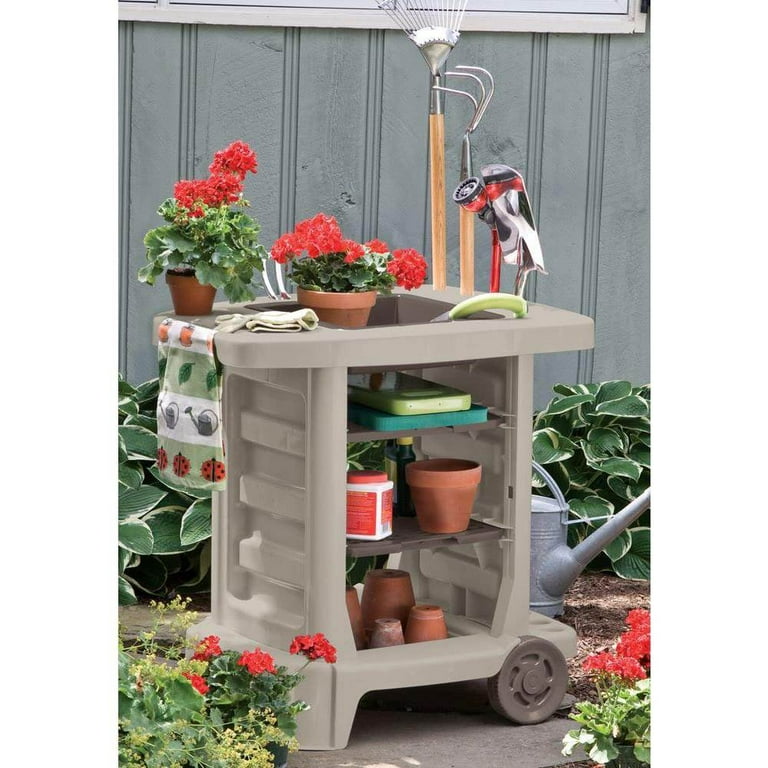 Suncast GC1500BT Portable Outdoor Resin Garden Center Station Tool Cart Taupe Walmart