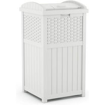 Suncast Resin Wicker Hideaway Outdoor Trash Can with Latching Lid, White