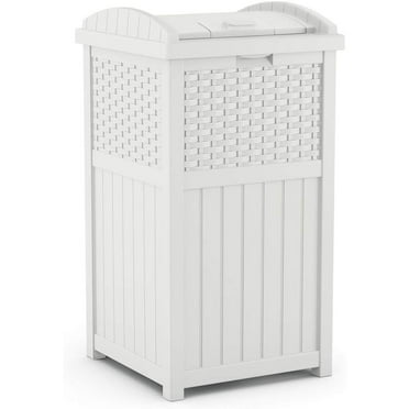 Suncast Resin Wicker Hideaway Outdoor Trash Can with Latching Lid, White