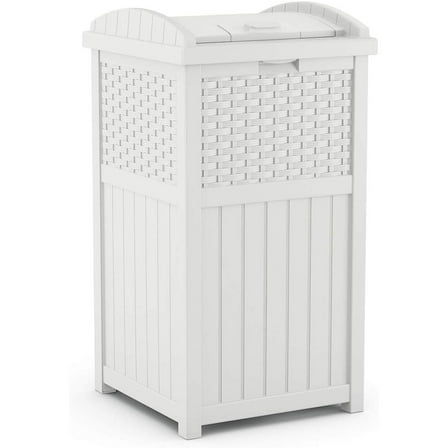 Suncast Resin Wicker Hideaway Outdoor Trash Can with Latching Lid, White