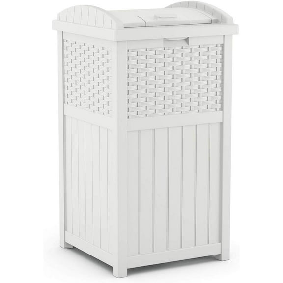 Suncast Resin Wicker Hideaway Outdoor Trash Can with Latching Lid, White